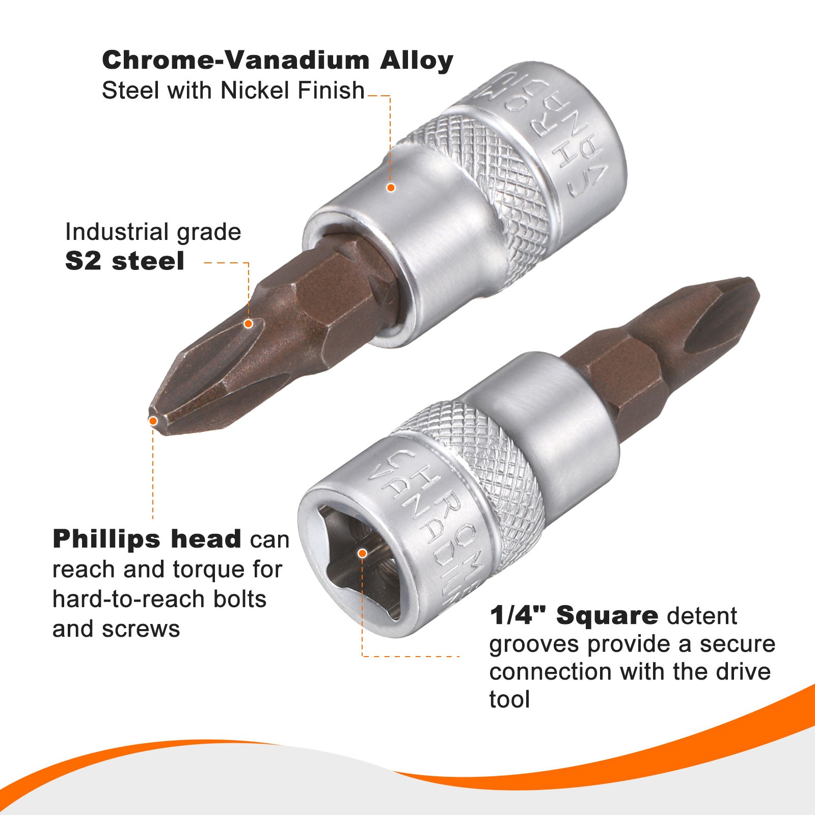 5pcs PH2 Phillips Bit Socket 1/4" Square Drive Metric Extension Impact Bit Red