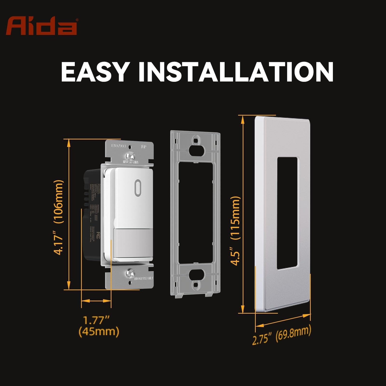 AIDA Single Pole Motion Sensor Light Switch w/Neutral Wire - 120° PIR Infrare...