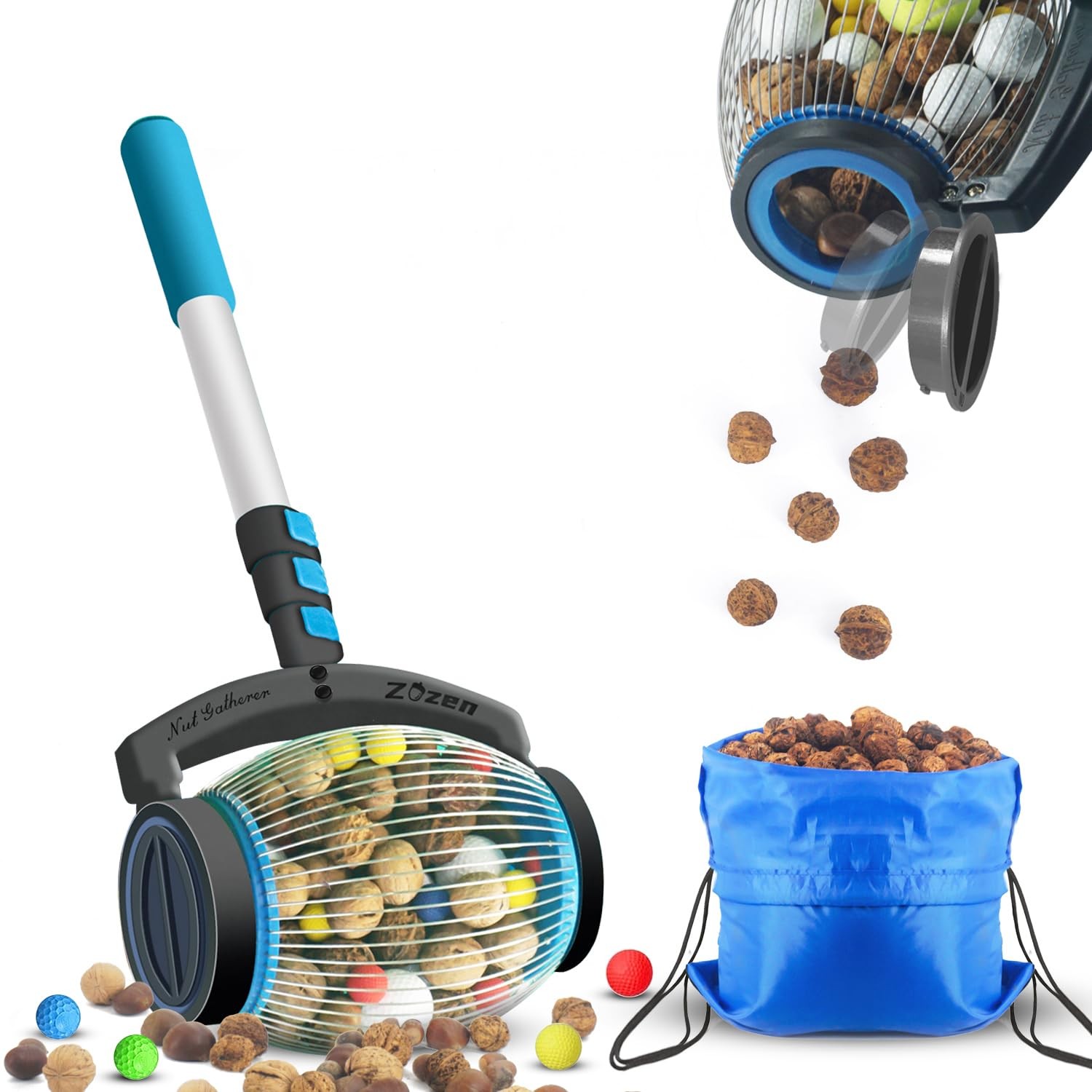 Zozen Nut Gatherer, Acorn Picker Upper, Pecan Objects 3/8'' to 1'', Blue