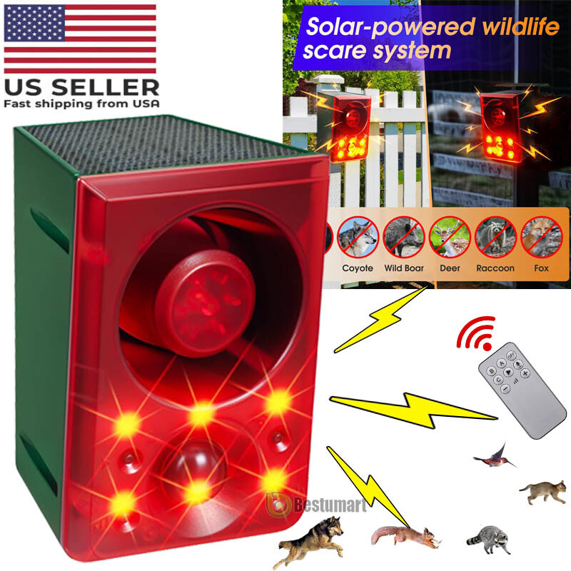 Solar Outdoor Motion Sensor Alarm - Dog Barking & Gunshot Sound 130db Siren