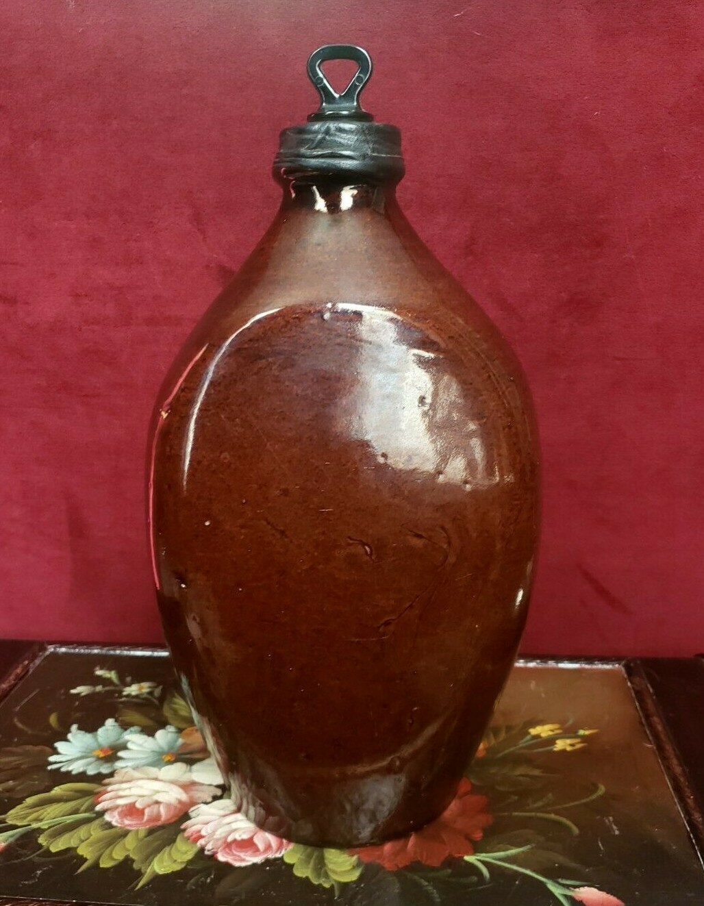 Vintage Stoneware Jug / Decanter - Dark Brown with Screw on Cap  - Unique Shape