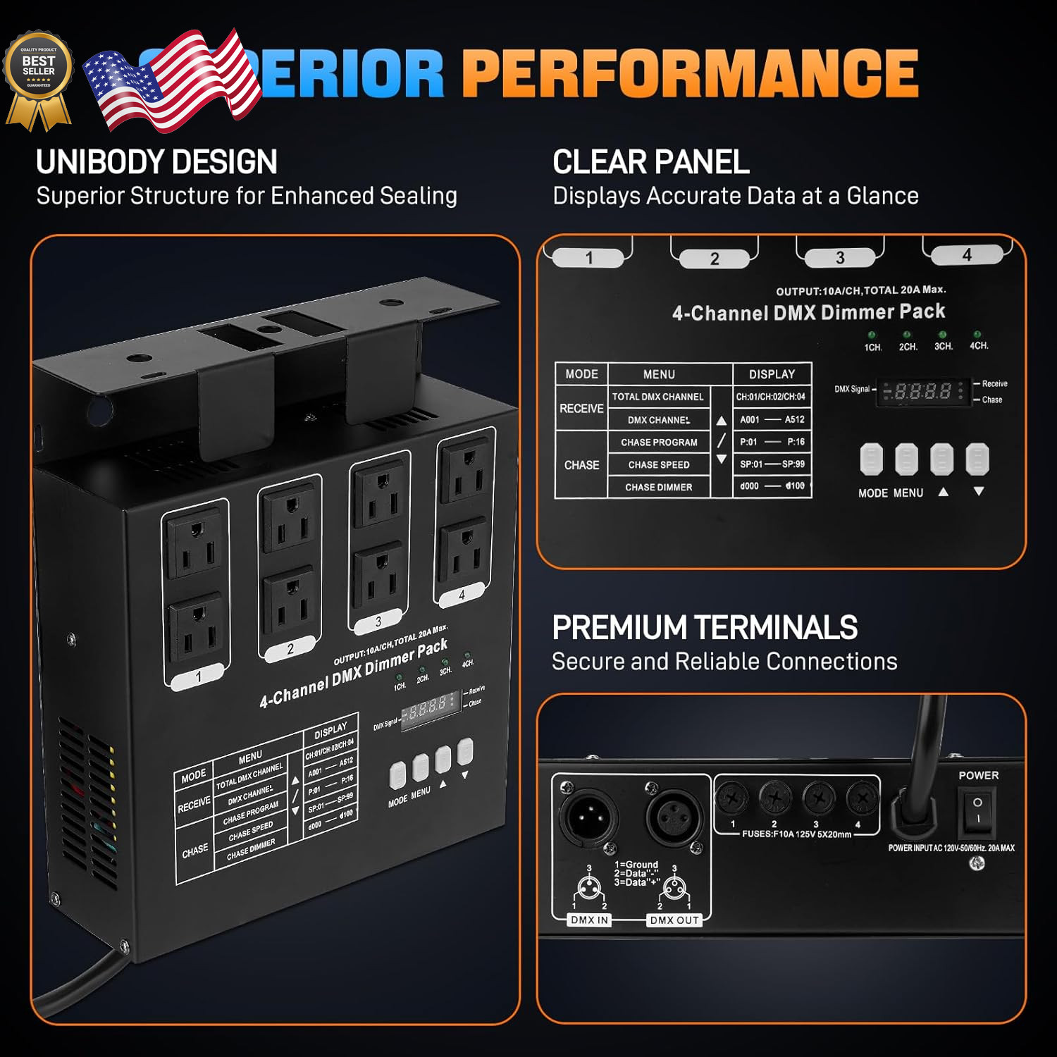 DMX 4-Channel Dimmer Pack with DMX512 Protocol Compatible with High-Voltage
