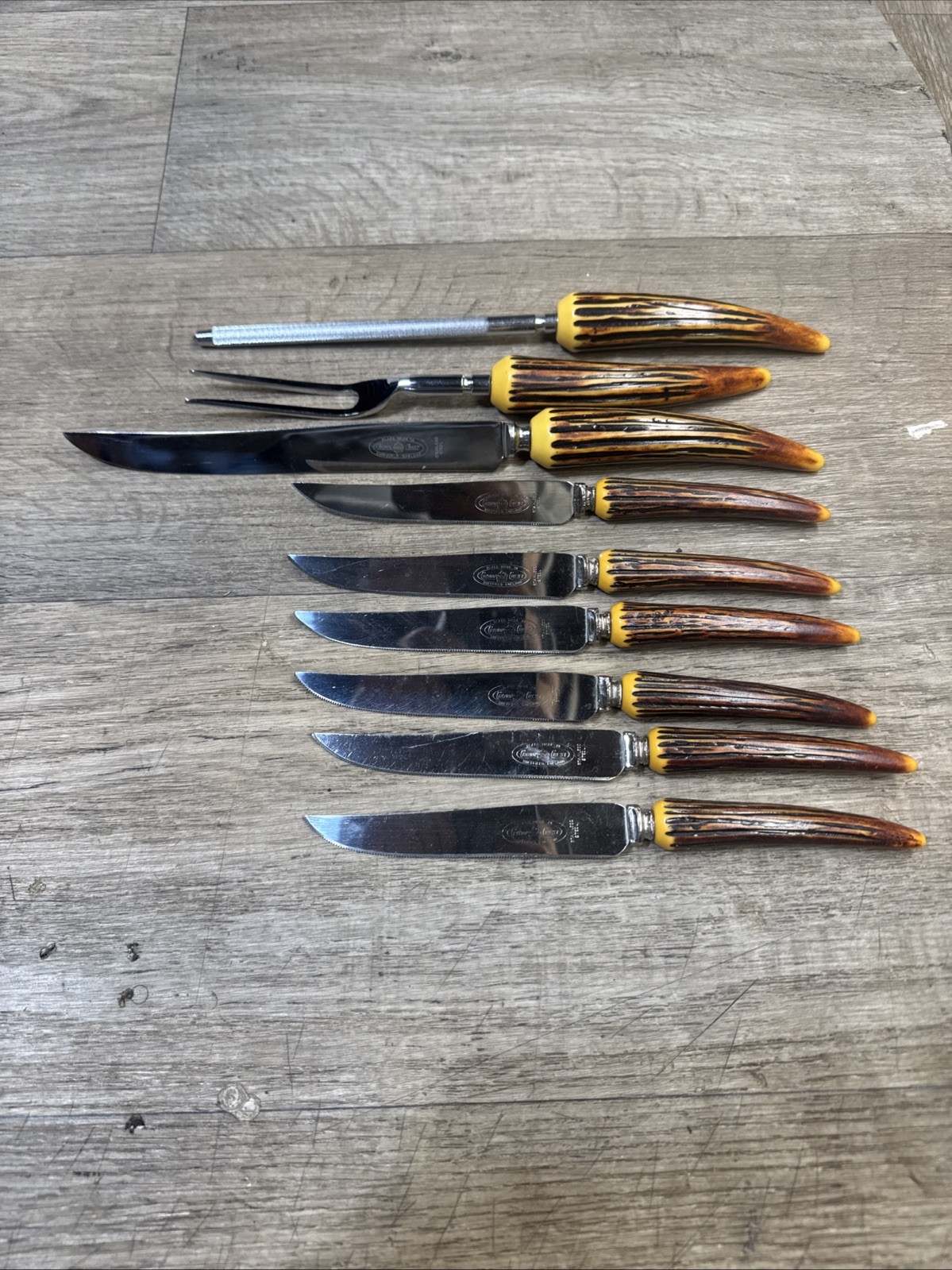 Crown Crest Sheffield England Stainless Steel Steak Knives, Fork, And Sharpener