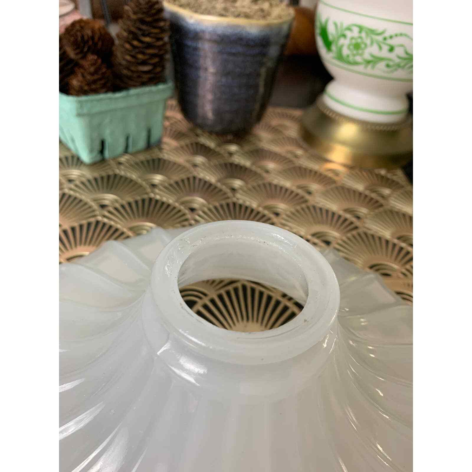 Antique opalescent milk glass hanging pendant lamp shade ribbed 10"