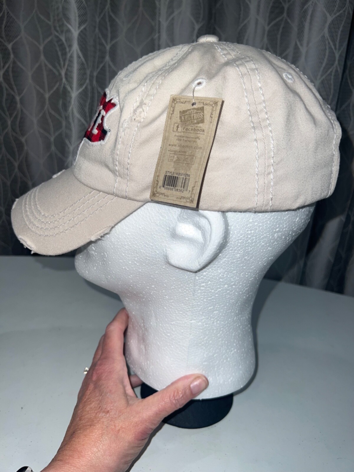 Farm Life Red Plaid Pig embroidered white distressed Hat Cap Hook Loop-Tag EUC