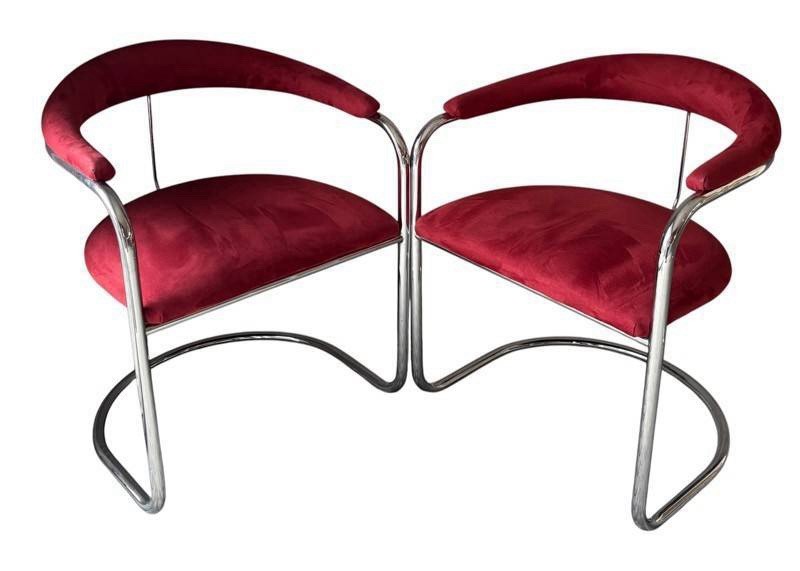 Rare Pair of Vintage Thonet Anton Lorenz Cantilevered Chrome Armchairs. Red Velv