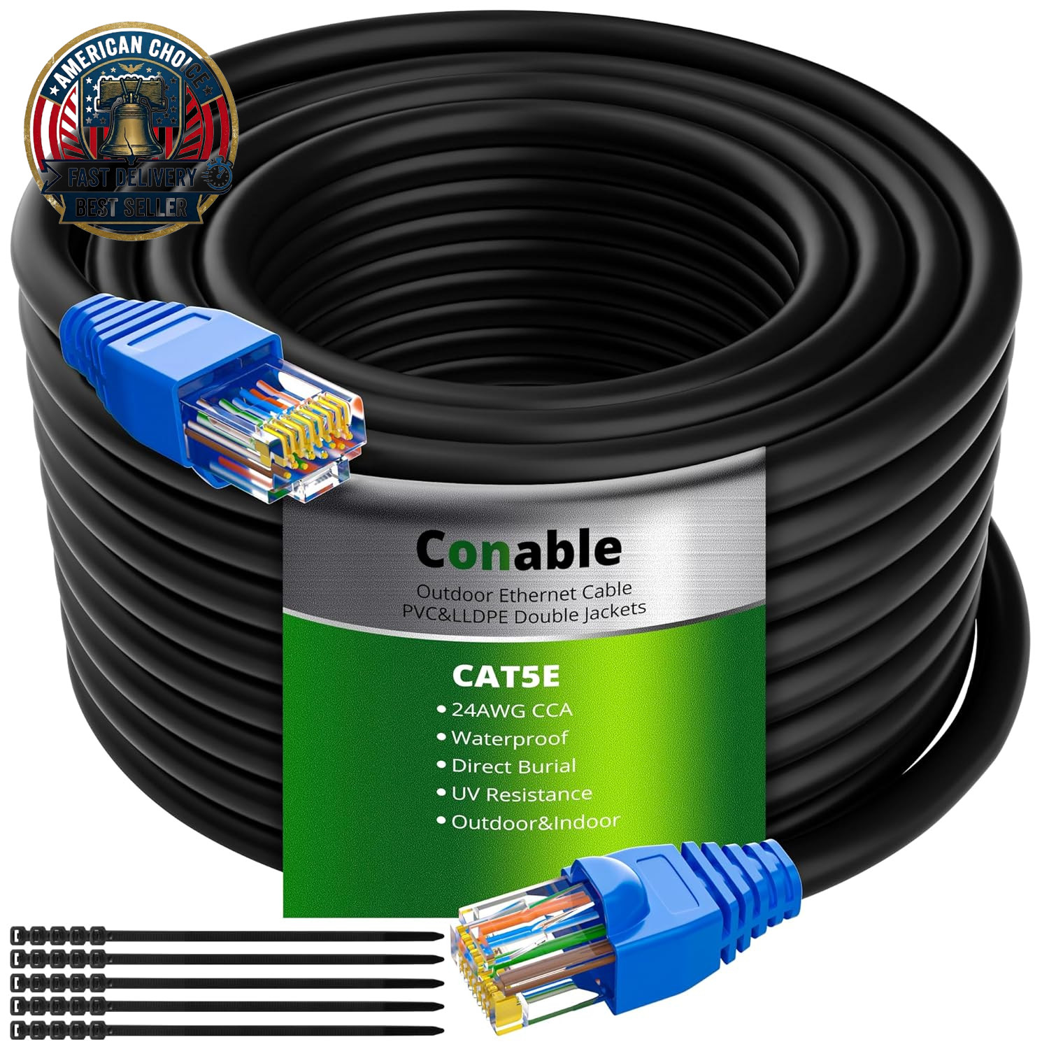Cat5E Outdoor Ethernet Cable 100 Feet, Cat 5E Heavy Duty Internet Network LAN Ca
