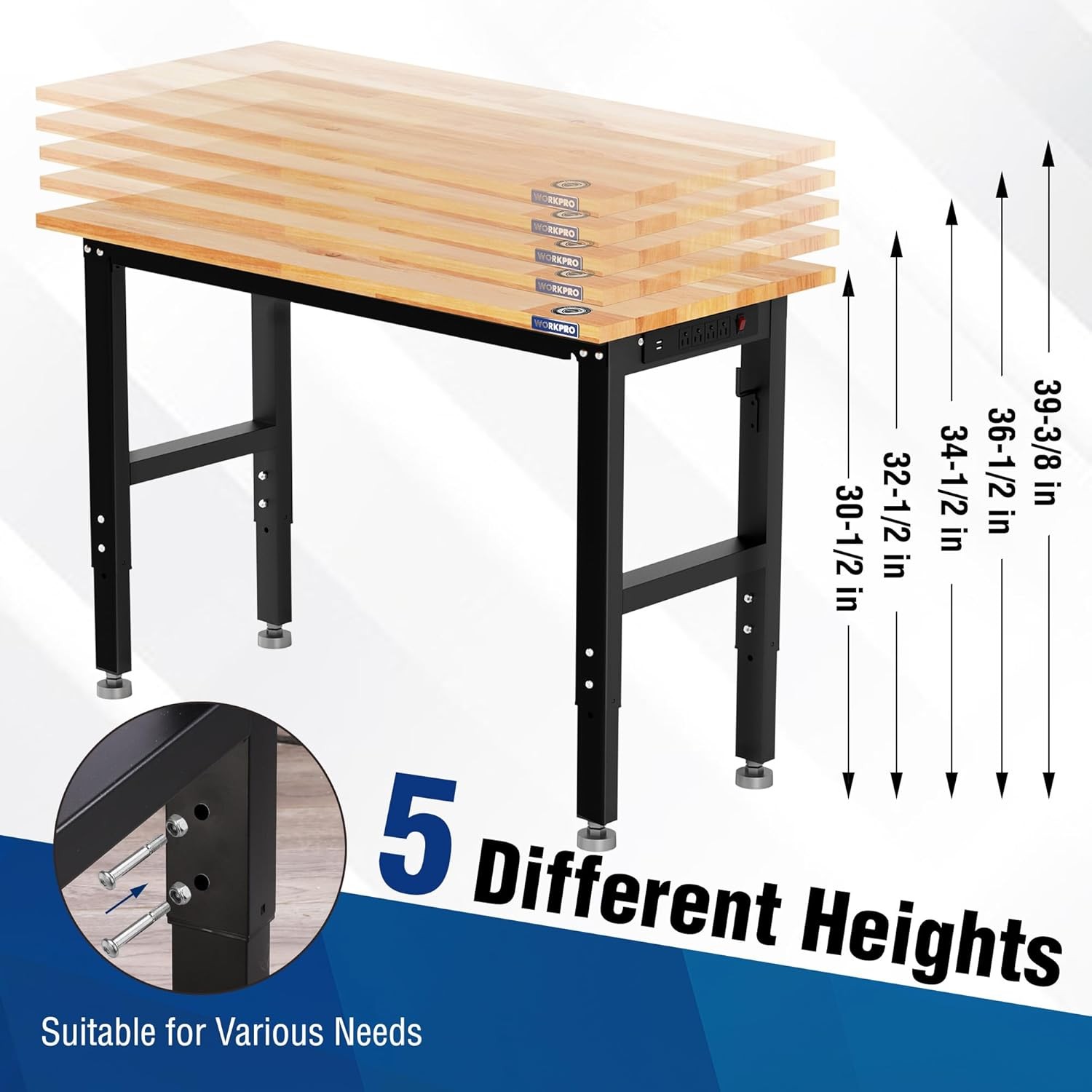 WORKPRO 48" Adjustable Workbench, Rubber Wood Top Heavy-Duty Workstation