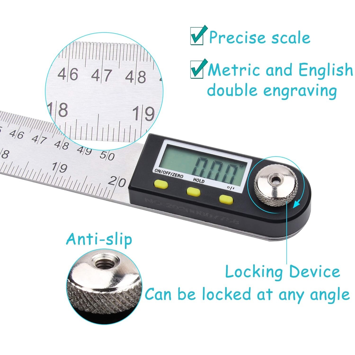 20 inch/500mm Digital Protractor Stainless Steel Digital Display Angle Ruler ...