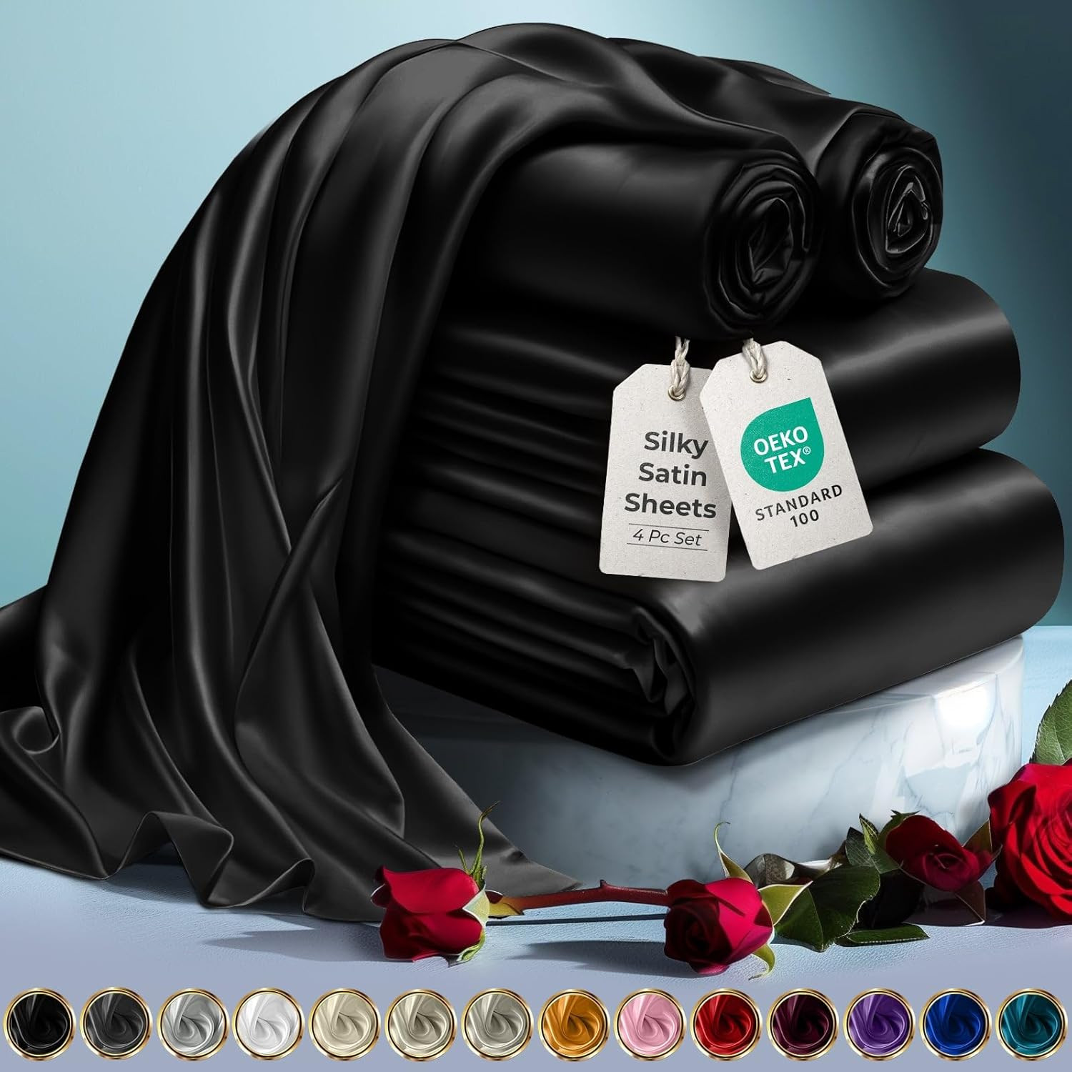 Luxury Satin Bedding Set - Silky Sheets Deep Pocket Wrinkle-Free Skin-Friendly