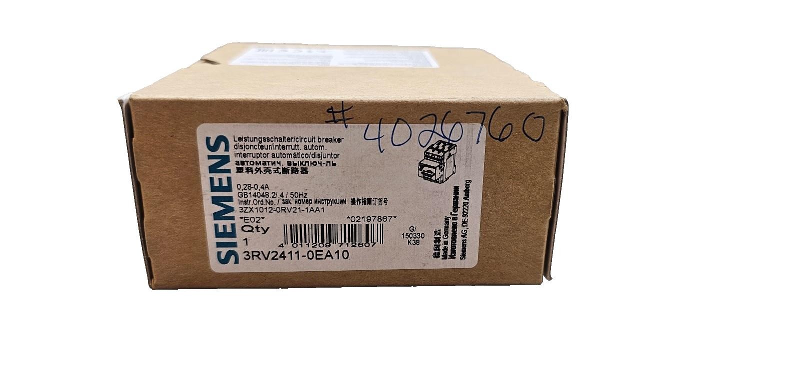 Siemens 3RV2411-0EA10 Sirius Motor Starter S00 A-Release 0.28..0.4A, N-Release 8