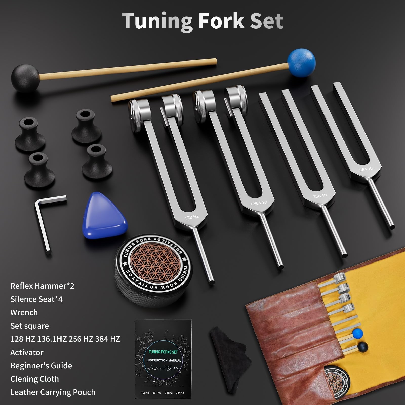 Tuning Forks for Healing Set - 128Hz, 136.1Hz, 256Hz, 384Hz, Weighted & Unwei...