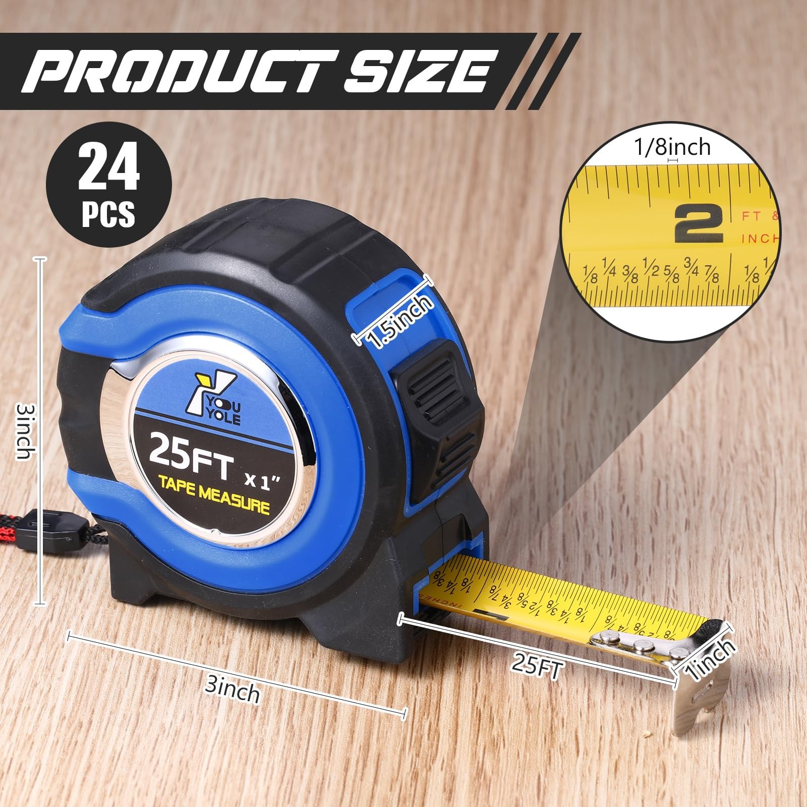Youyole 24 Pack Tape Measure with Fractions 1/8 Steel 25 ft X 1 in, Blue