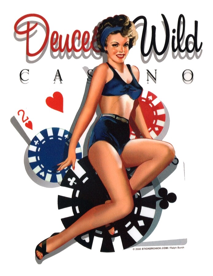 DEUCES WILD LUCKY Casino Gambling SEXY VINTage PINUP GIRL VINYL STICKER/DECAL