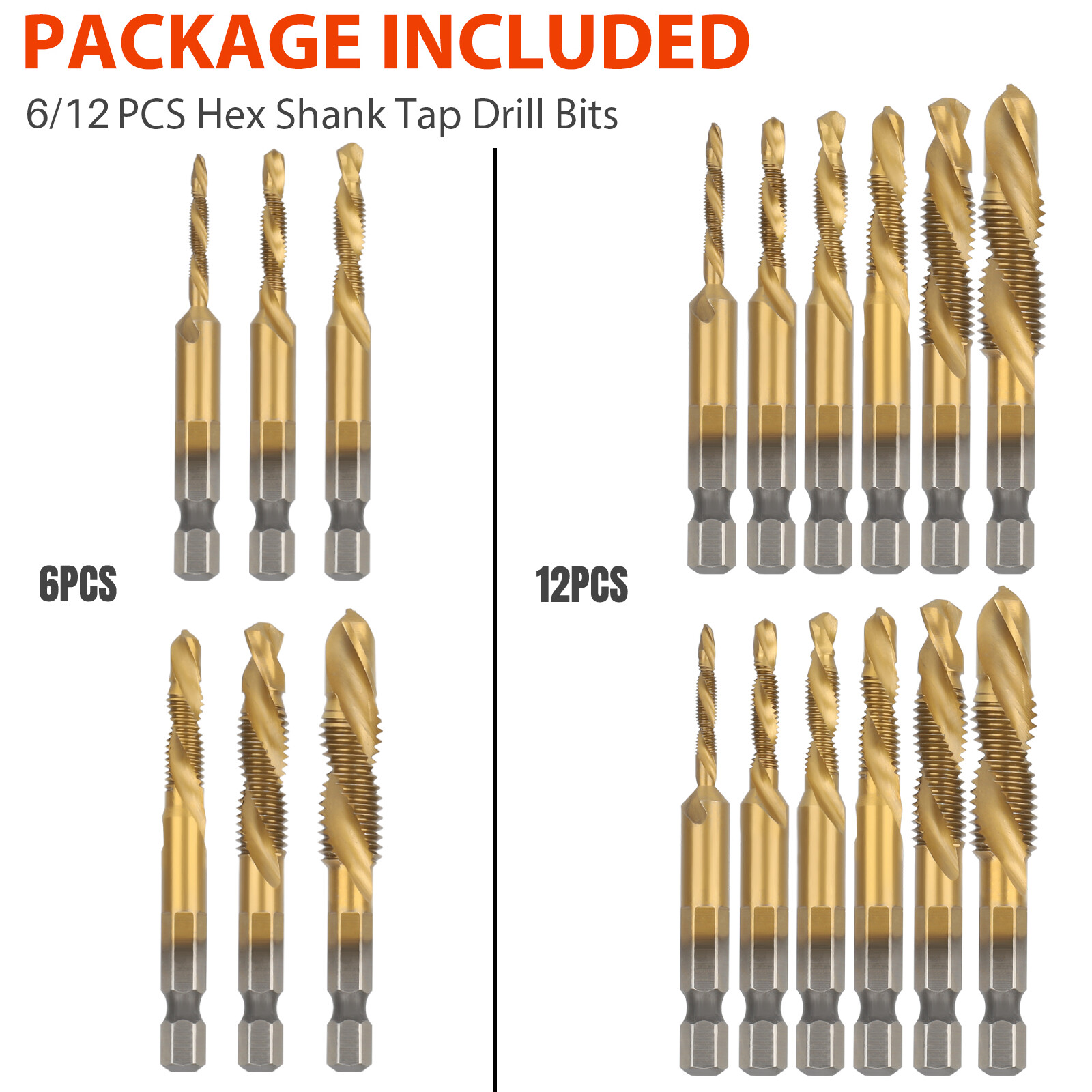 6PCS 1/4" HSS Hex Shank Titanium Plated Screw Thread Drill Bits Set M3 - M10 Tap