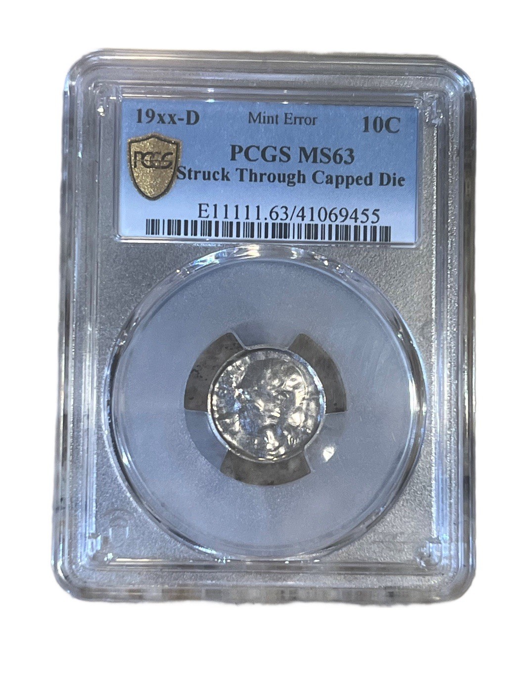 19XX~D Roosevelt Dime 10c MINT ERROR PCGS-MS63 STRUCK Through Capped Die