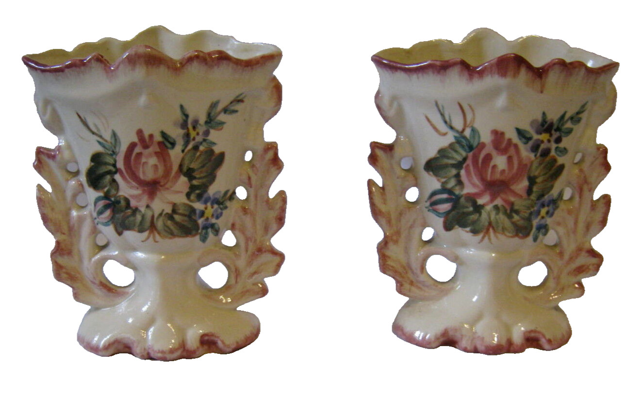 2 Unbranded Porcelain Hand Painted Flowers Vintage 5 1/2" Planters or Vases