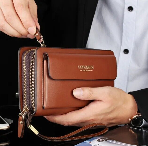 Mens Wallet Leather Zipper Large Phone Card Holder Bag Business Clutch Handbag