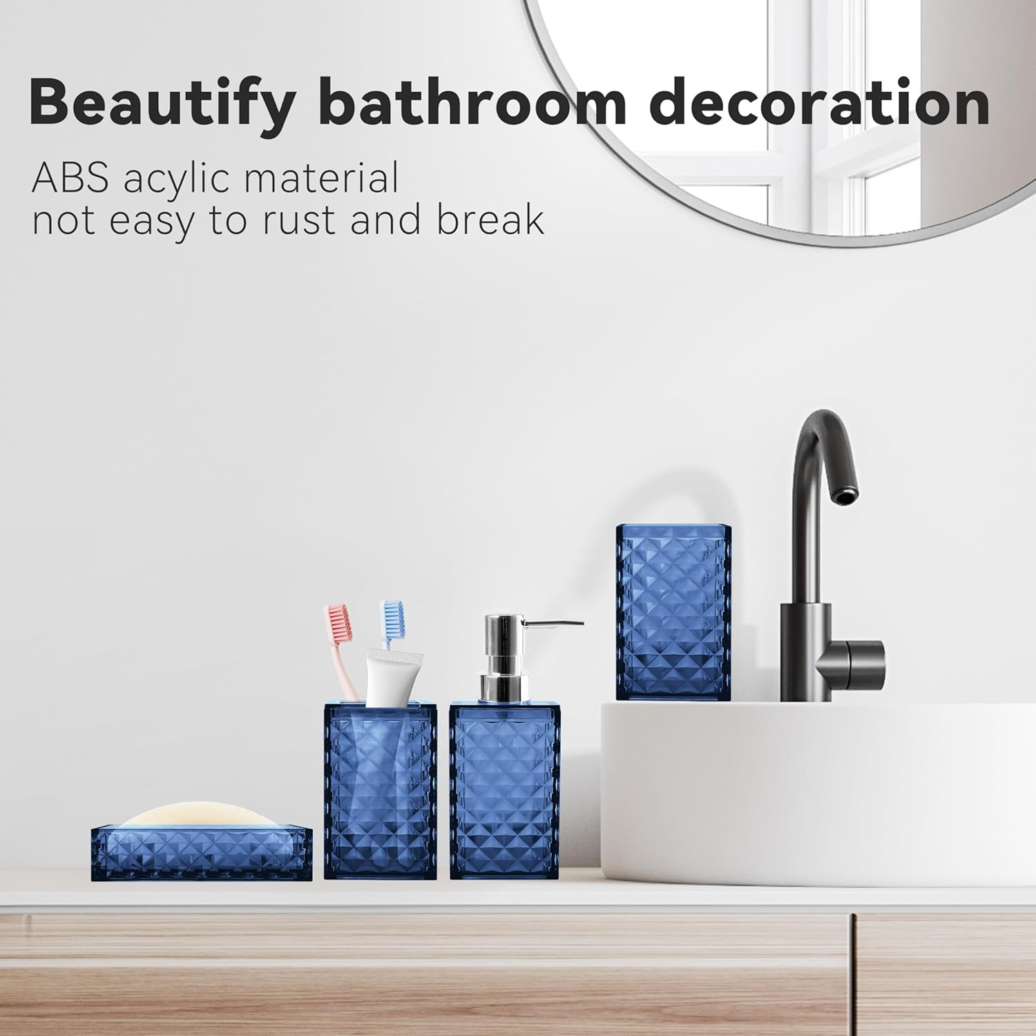 4-Piece Blue Bathroom Accessory Set with Soap Dispenser and Toothbrush Holder