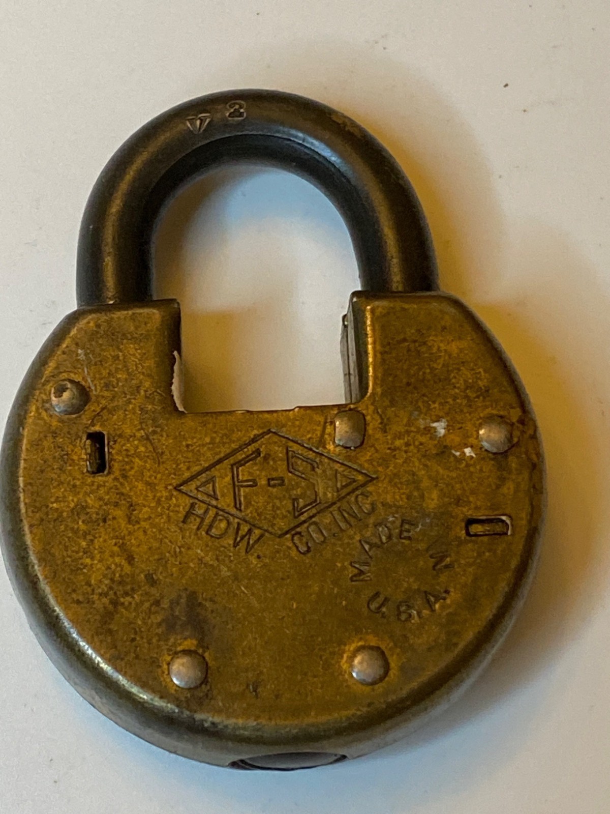 F-S HDw. CO. INC. Brass V2 Padlock Wartime Likely Military Made in USA