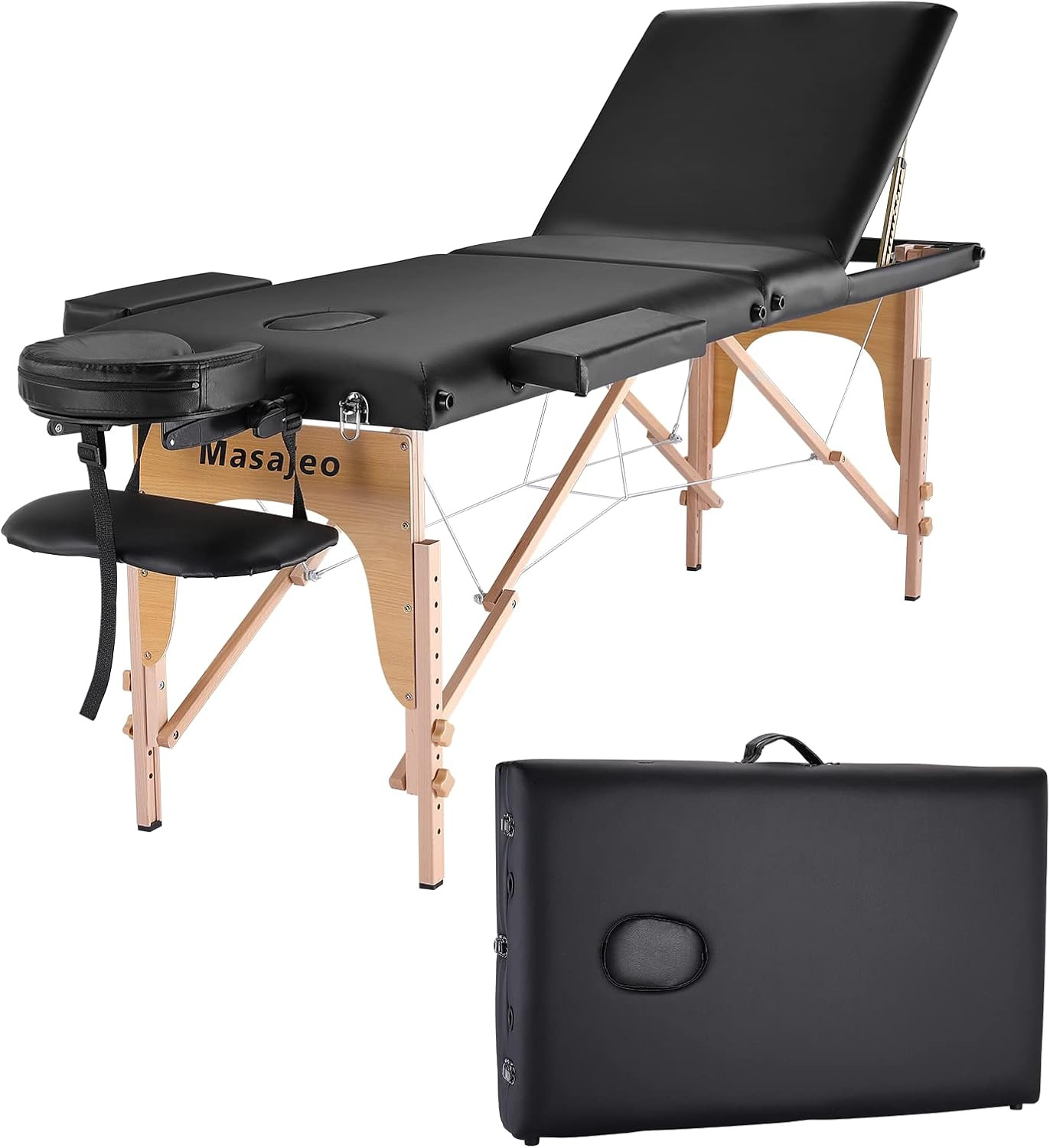 Portable 3-Section Massage Table with Adjustable Height & Accessories - Black
