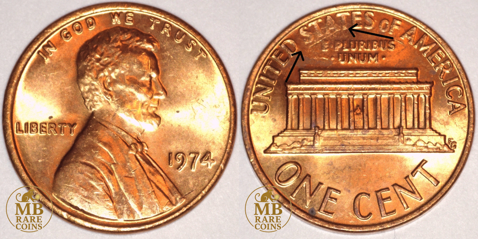 1974 Lincoln Memorial Cent - Misaligned Dies & Strike-Through - Un-pictured Tone