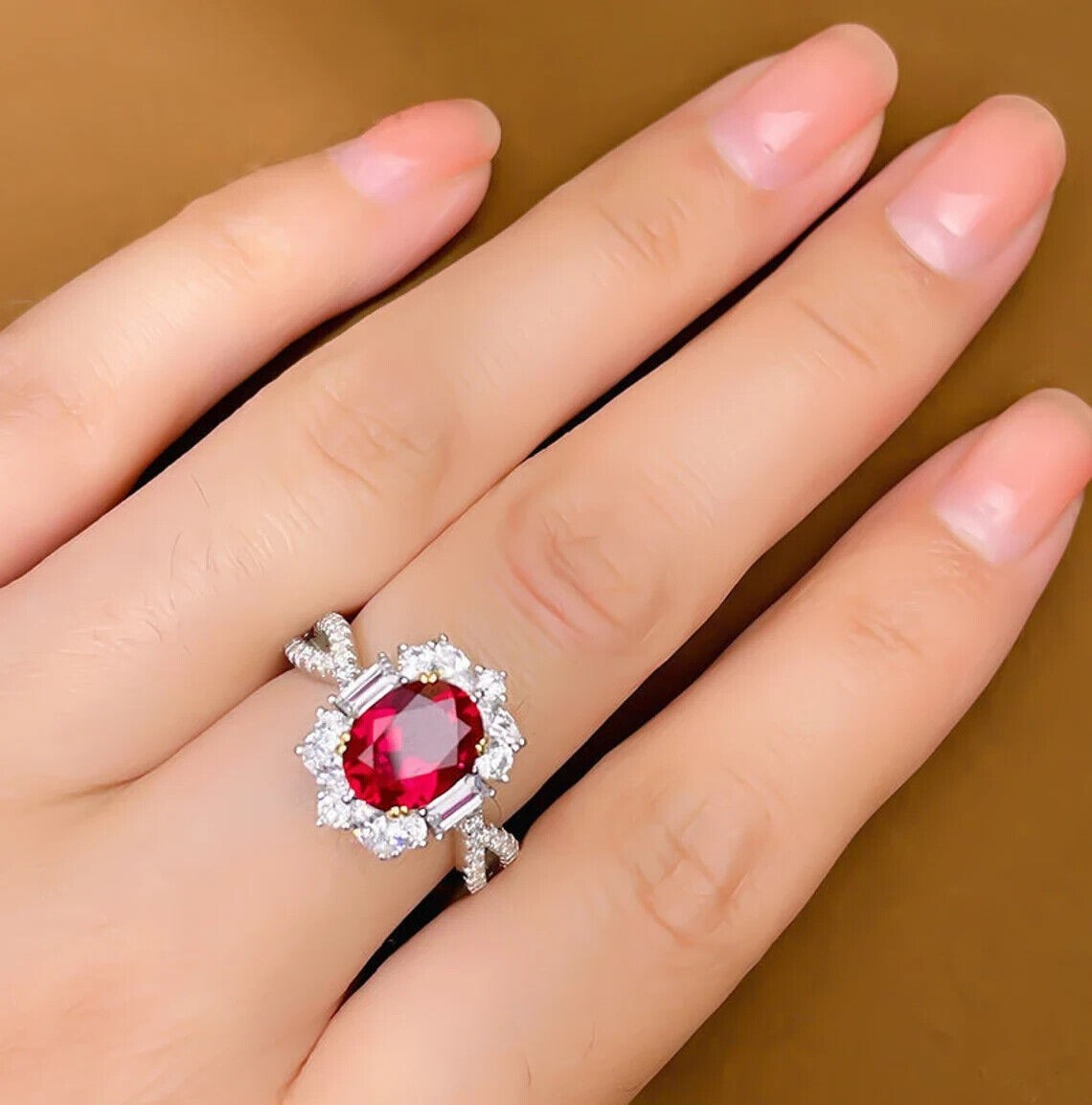 4.60 Ct Oval Cut Natural Ruby & Diamond Wedding Ring 14K White Gold Size 8