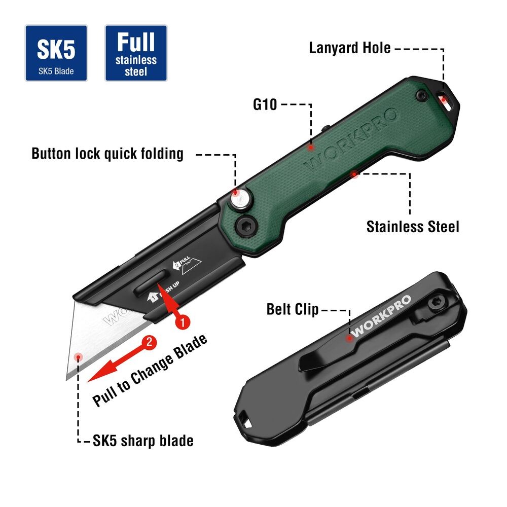 WORKPRO Folding Utility Knife Fast Open Box Cutter Quick Change Blade Mini Knife