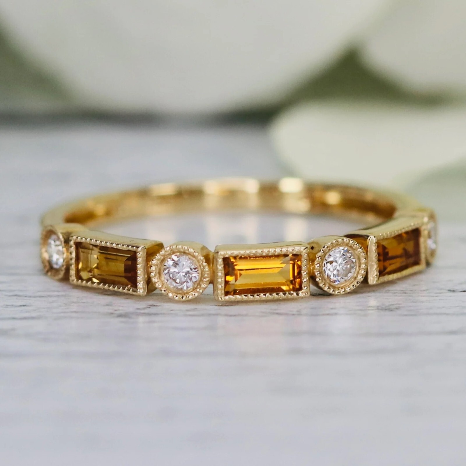 Natural Citrine Half Eternity Wedding Band Sterling Silver Gold Plated Ring