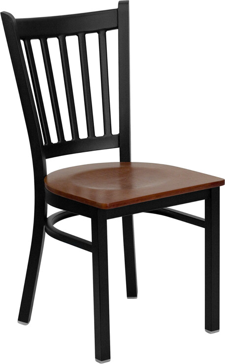 Black Vertical Back Metal Restaurant Chair with Cherry Wood Seat