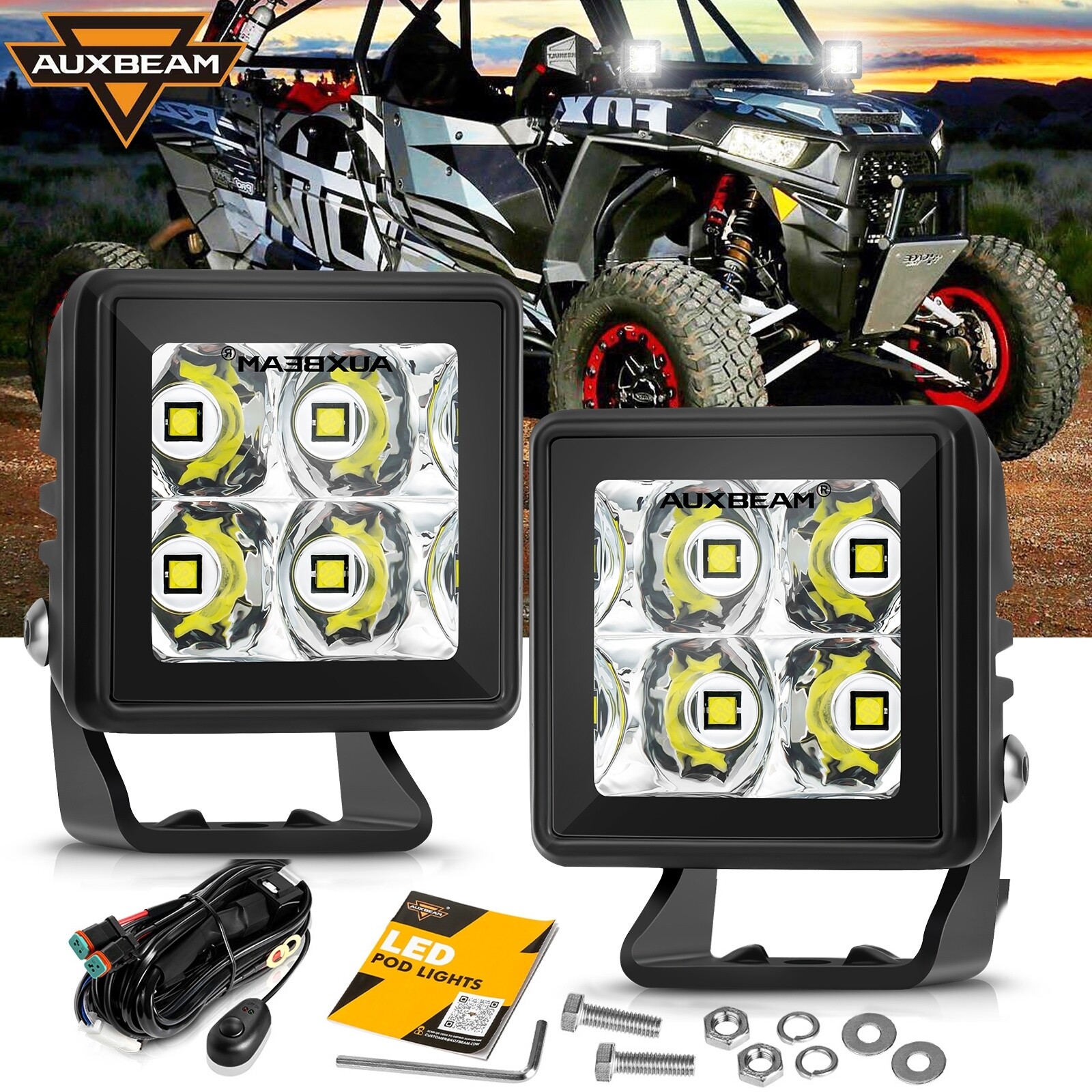Auxbeam 2" Square LED Cube Pods Work Light Offroad Driving for Can-am Maverick