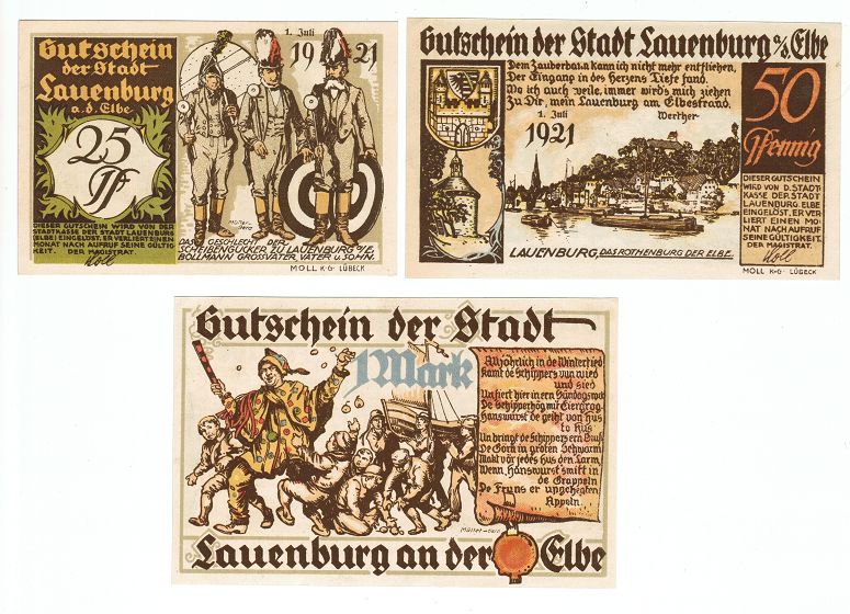 SET OF 3 GERMANY NOTGELD 25.50 PFENNIG 1 MARK STADT-LAUENBURG 1921 UNC