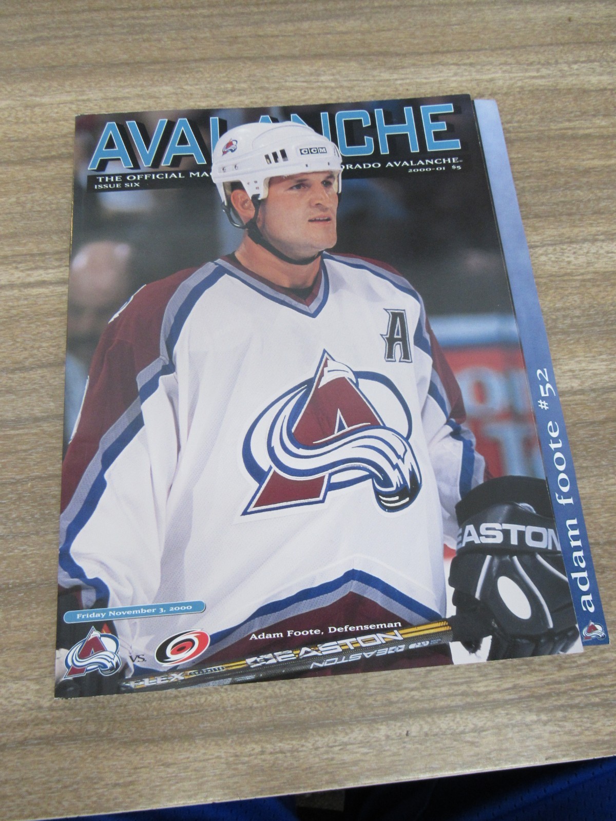 2000-01 Avalanche vs. Hurricanes Program 11/3/00 Adam Foote w/ Roster Card