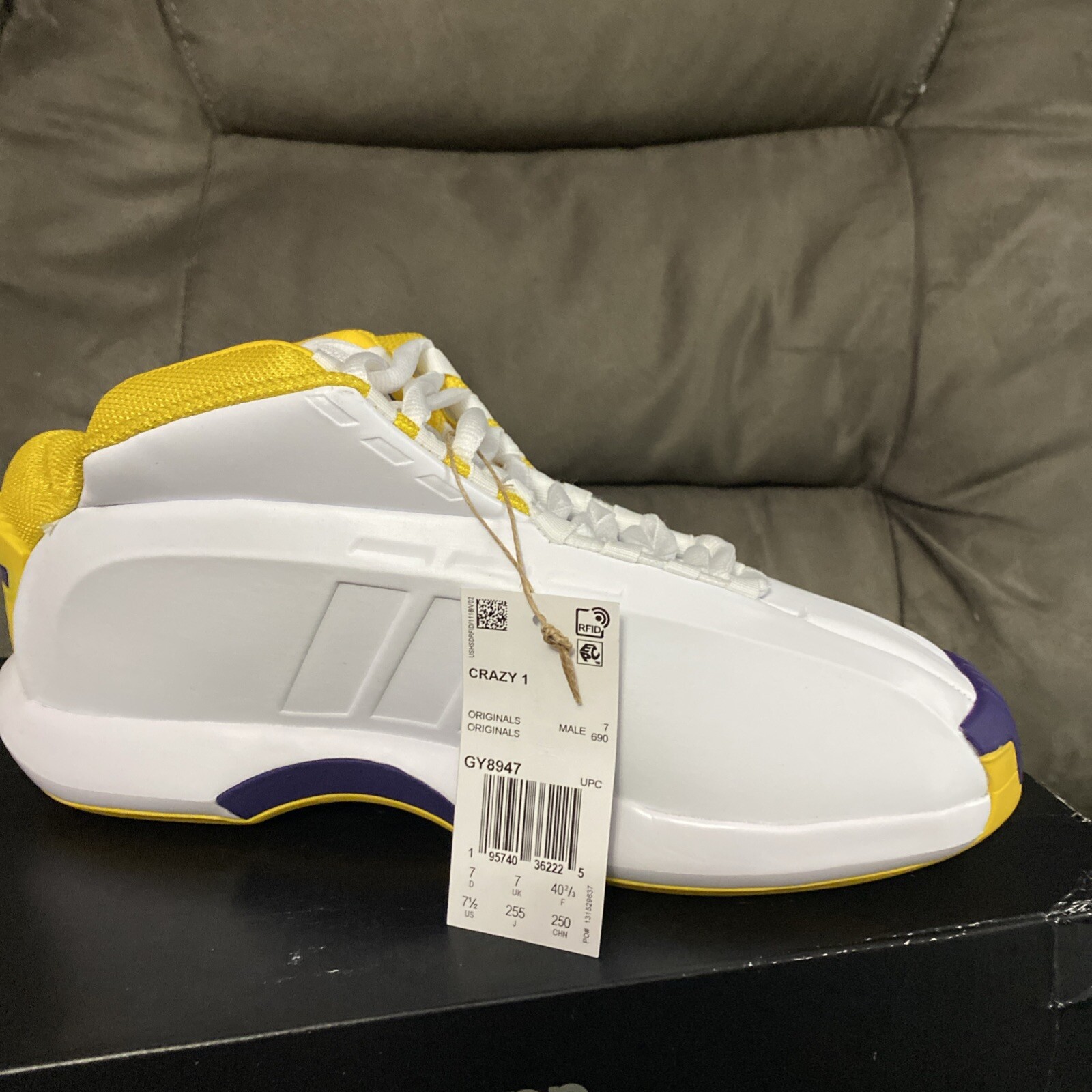 NWT adidas Originals Crazy 1 Koby Lakers GY8947 White Yellow Purple Men Size 7.5