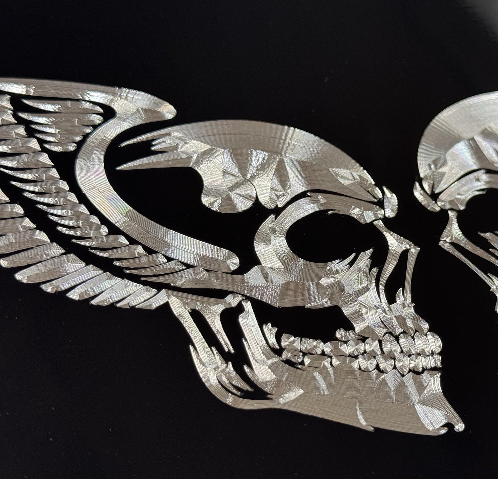 Double Skull Wings Car Tag Diamond Etched Engraved Black Front License Plate