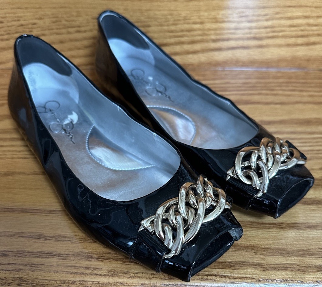 Black Patent Flats with Gold Detail By Jessica Simpson Peep Toe