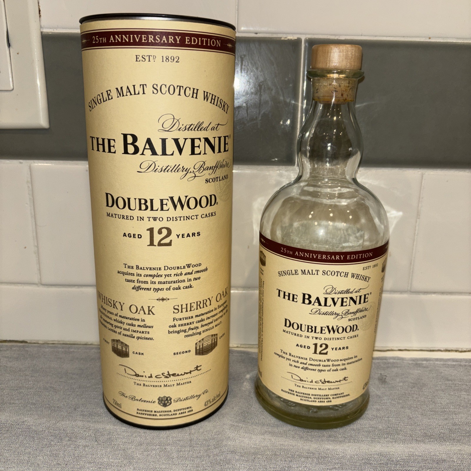 Empty Balvenie DoubleWood 12 Year Scotch UNRINSED Bottle Tube 25th Anniversary