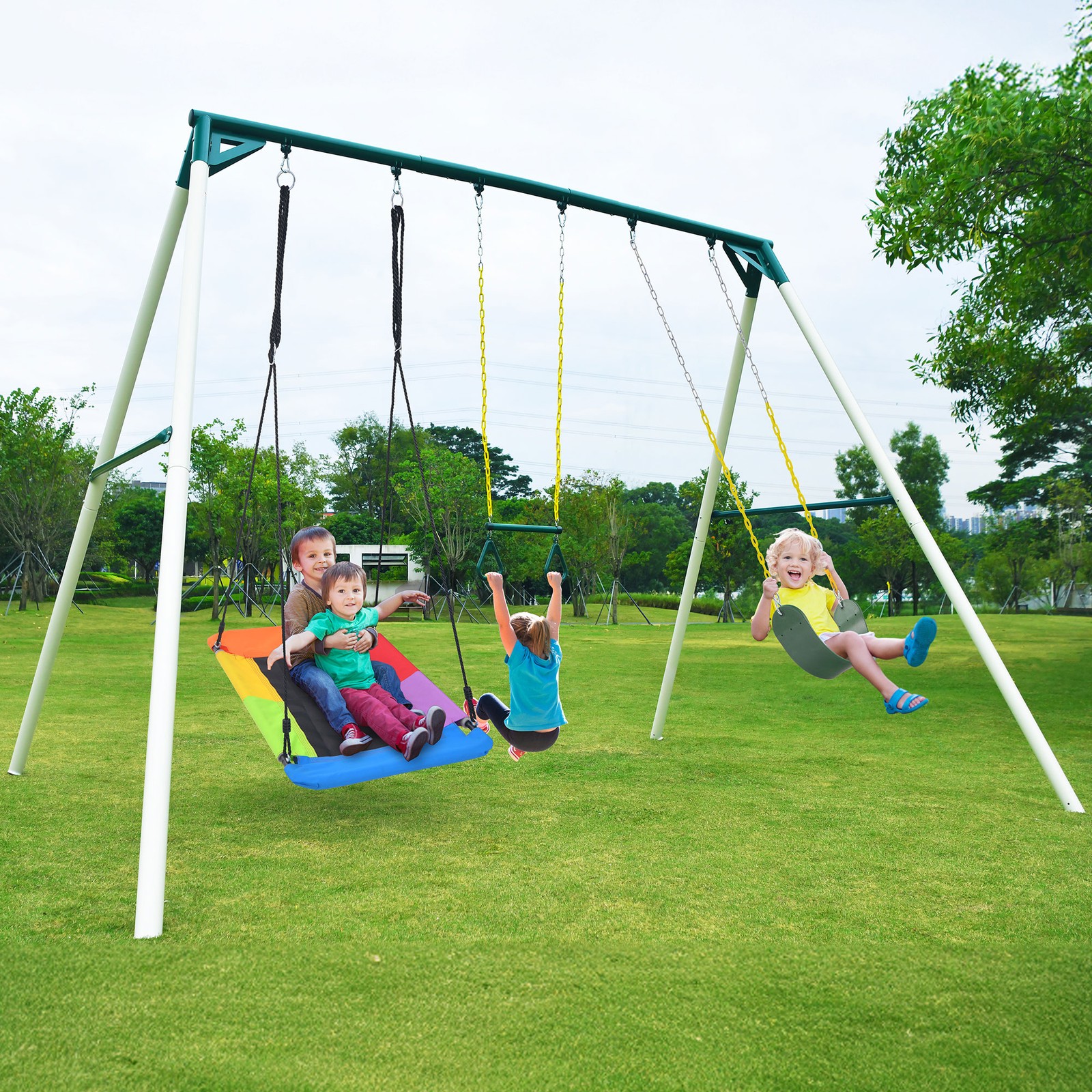 Hapfan 700lbs 9.5ft Heavy Duty Metal Swing Set Backyard w/3 Swings & Trapeze Bar