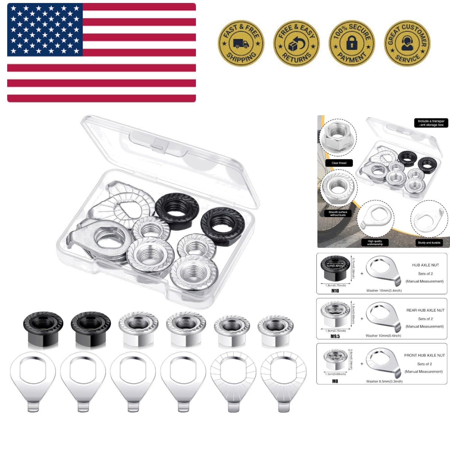 12 Pcs Bike Axle Nut and Safety Washer Kit - 3 Sizes Bicycle Hub Flanged Hard...