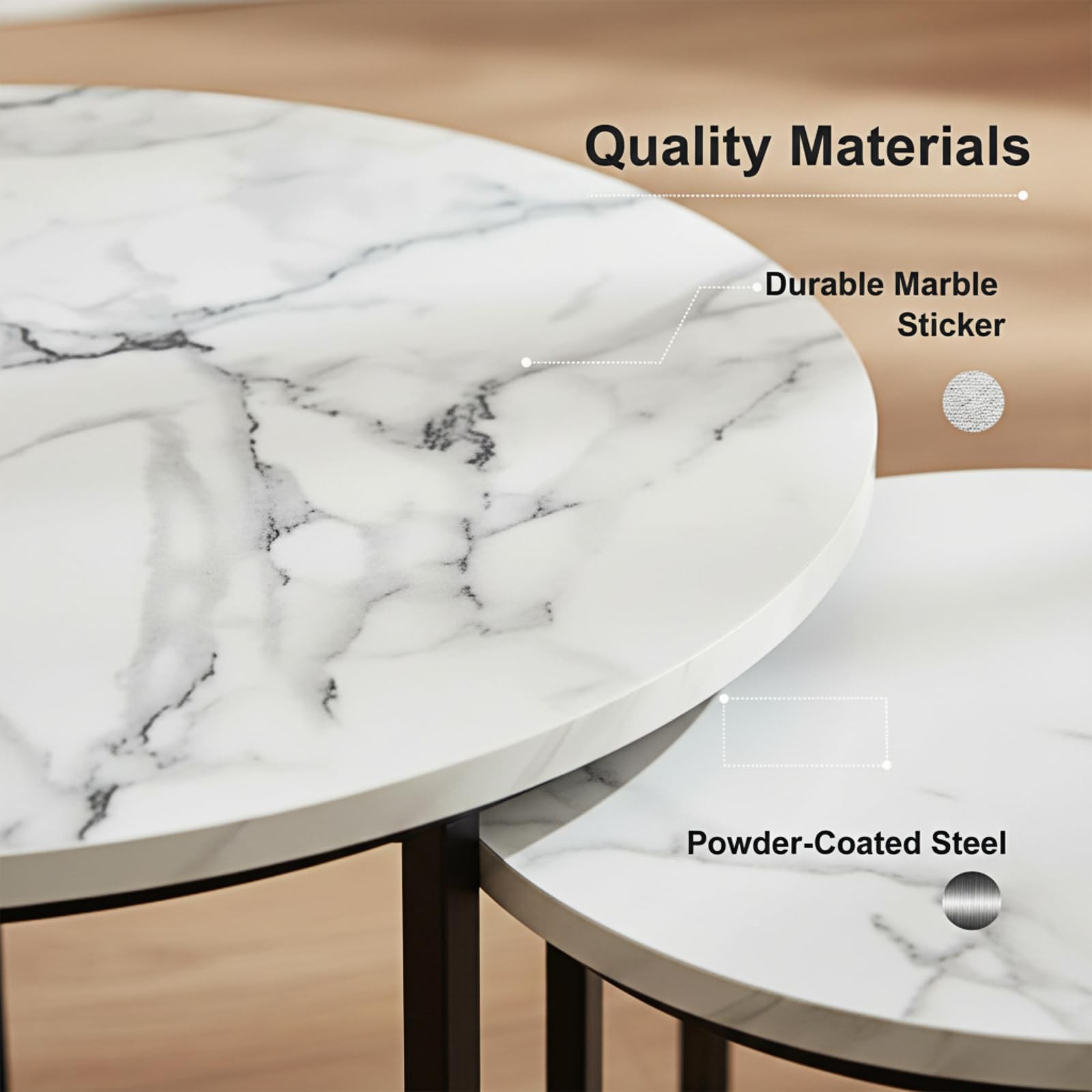 Round Nesting Coffee Table Set of 2, Modern Marble Pattern Wooden Nesting Tab...