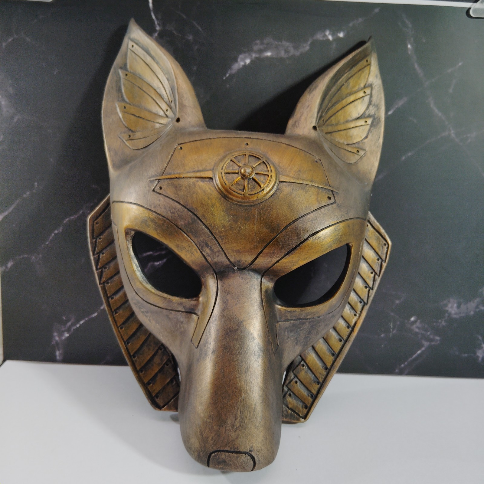 Egyptian Anubis Hand Painted Face Mask Statue 12" Wall Plaque Gold Steampunk