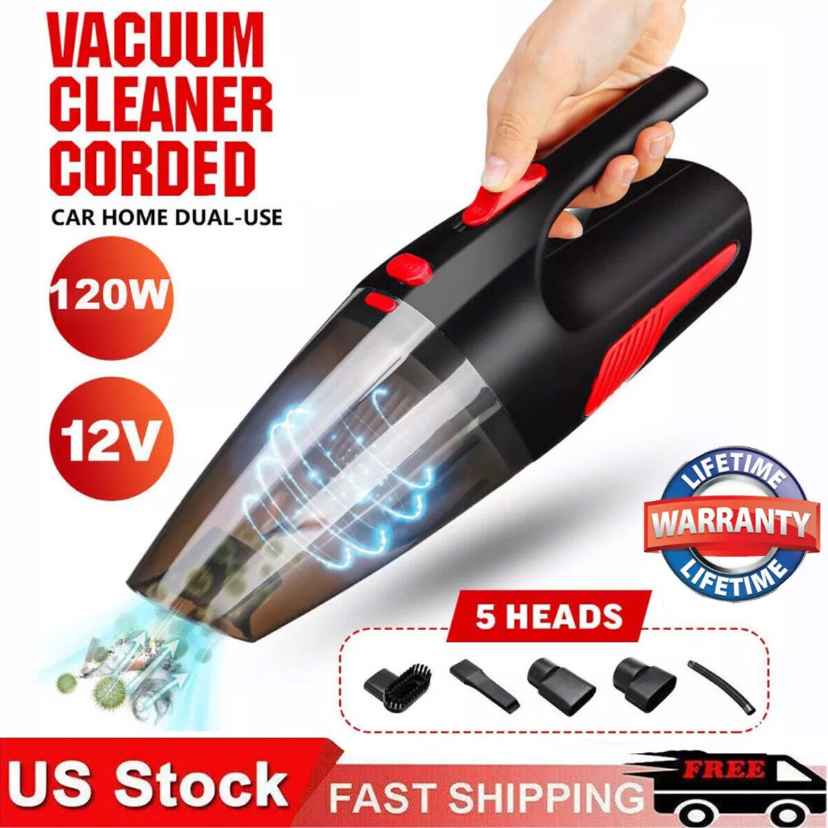 120W 12V Corded Handheld Vacuum Cleaner Wet & Dry Portable Car Auto Home Wire