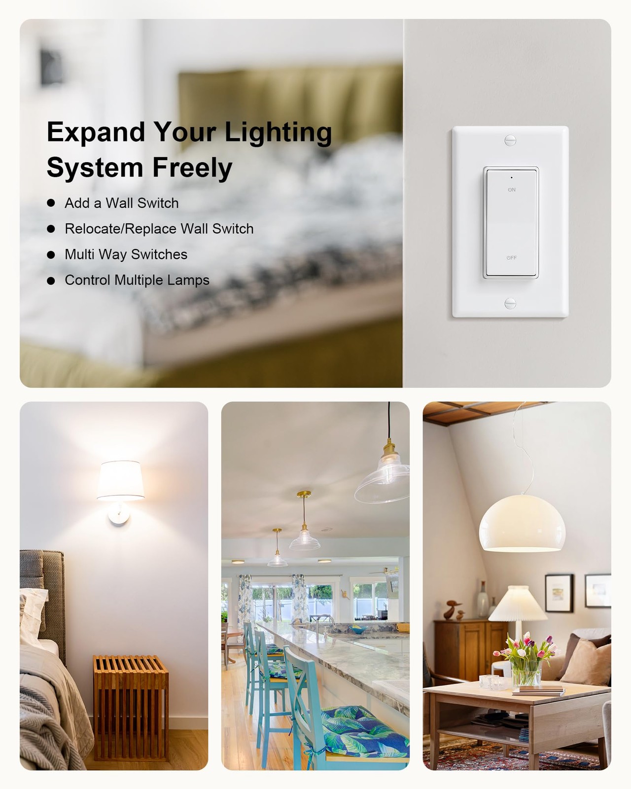 Wireless Light Switch and Receiver Kit, Decorator Rocker Wall Switch, 15A Hig...