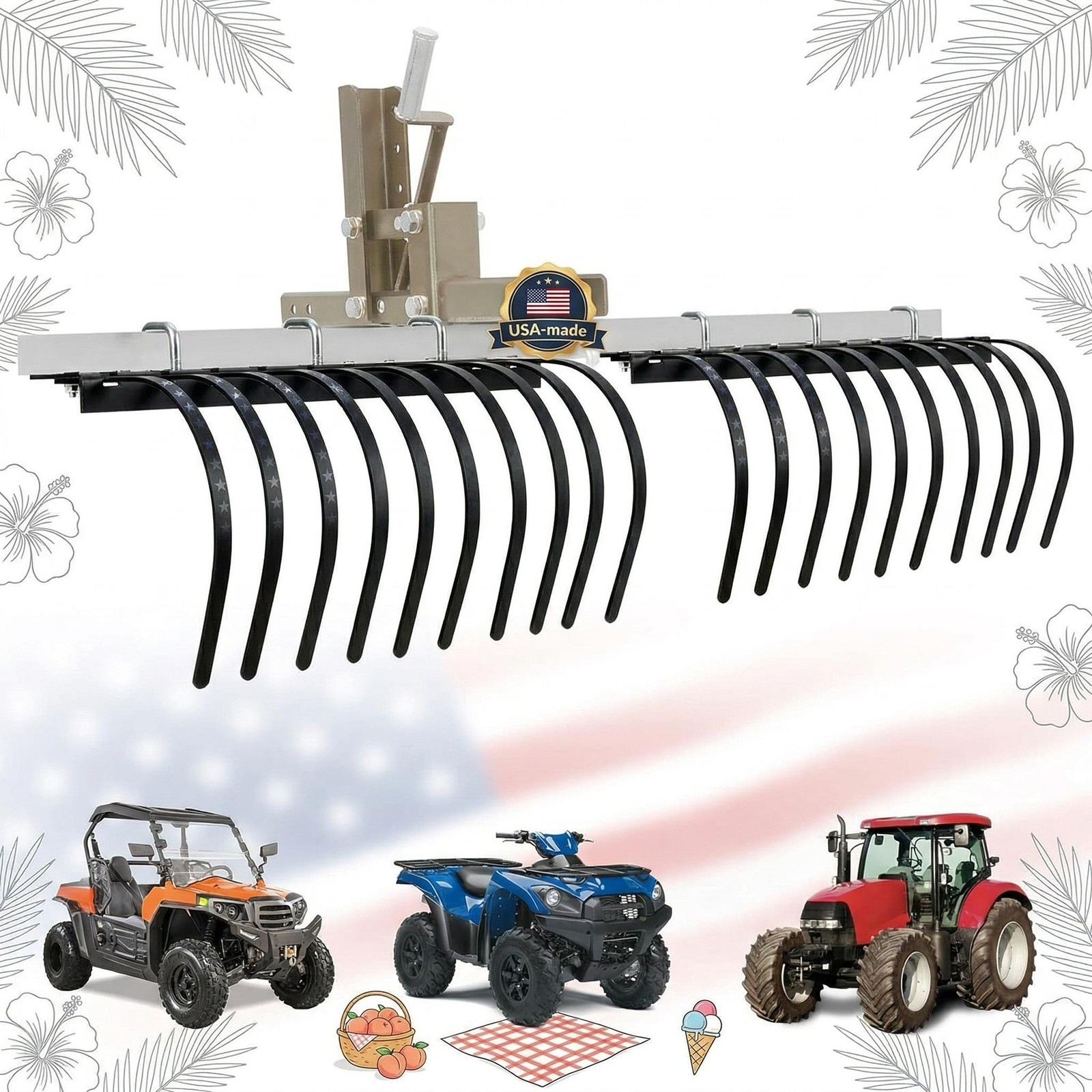 60" ATV UTV Tractor Landscape Rake with 20 Tines,40Cr+Q235 Alloy Steel Rock Rake