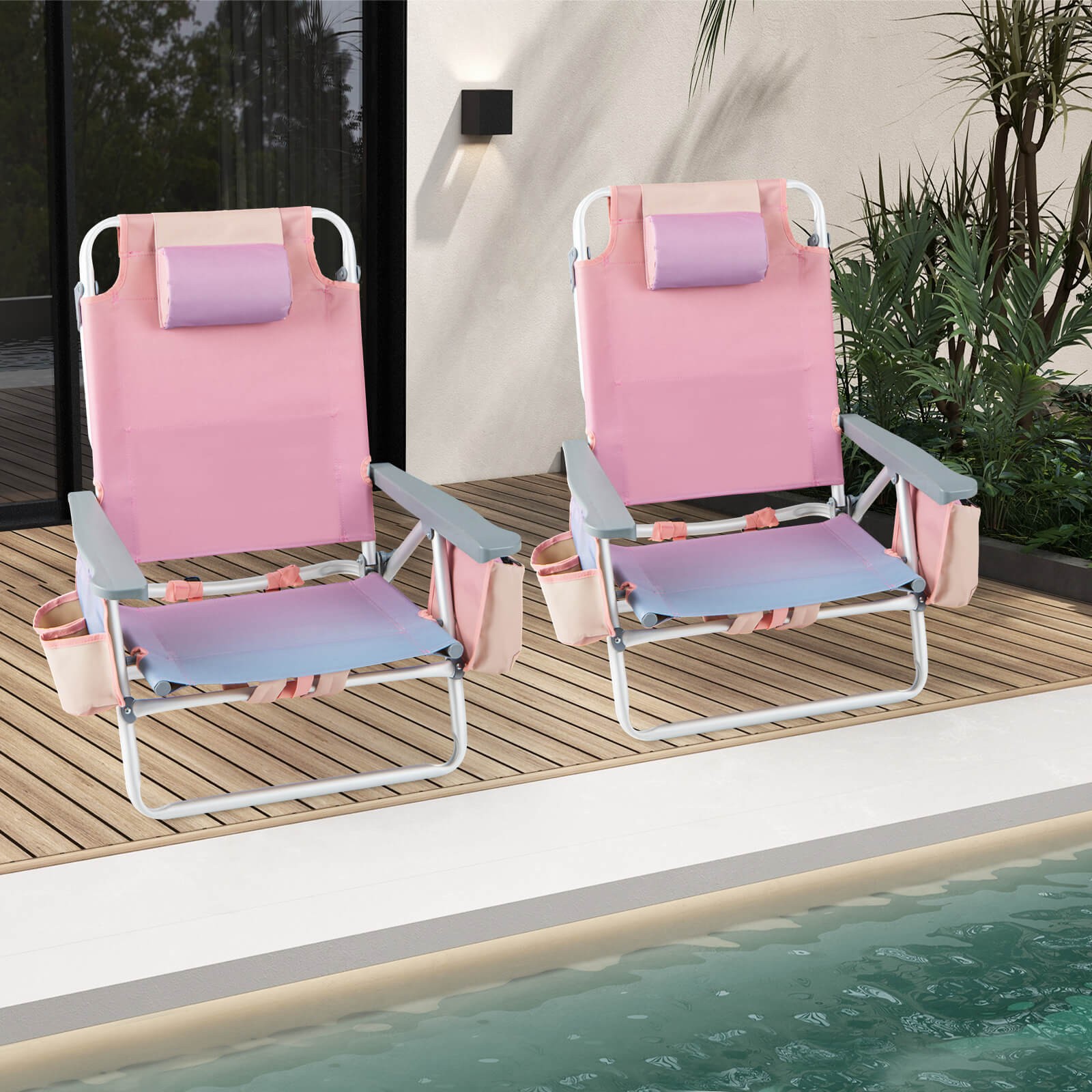 2-Pack Folding Backpack Beach Chair 5-Position Outdoor Reclining Chairs w/Pillow