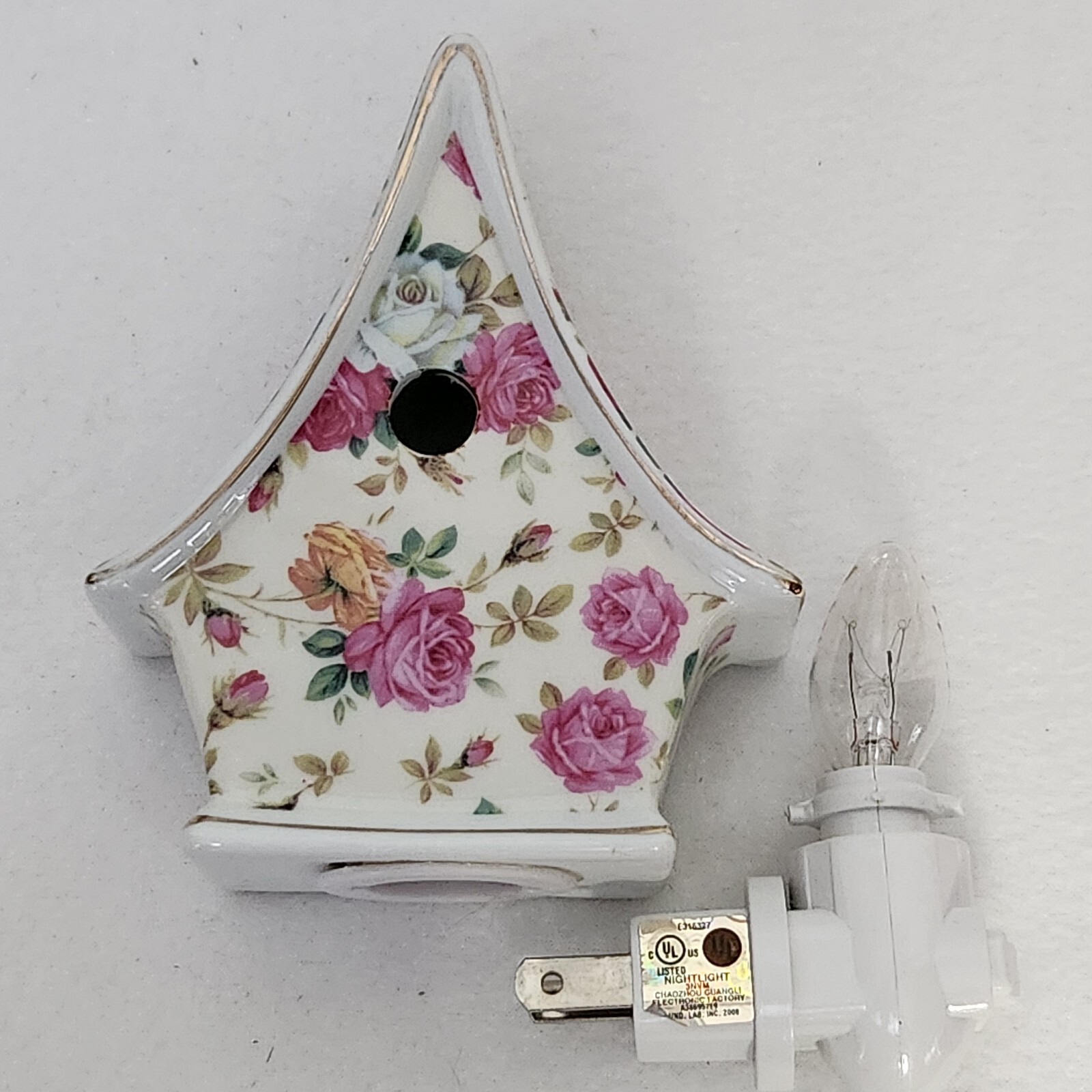 Ceramic Pink Chintz Roses White Birdhouse Electric Nightlight Victorian Chic