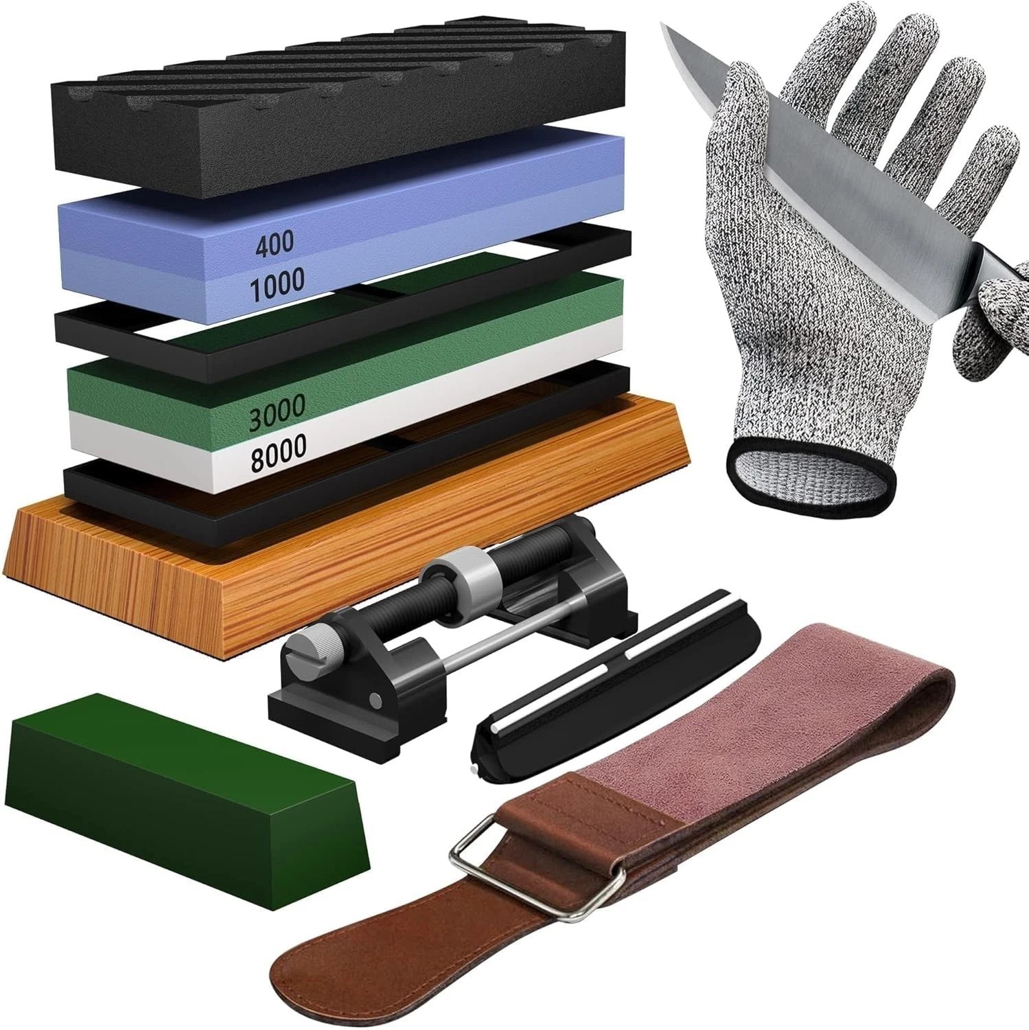 Multi-Purpose Whetstone Knife Sharpener with Cut Resistant Gloves & Strop
