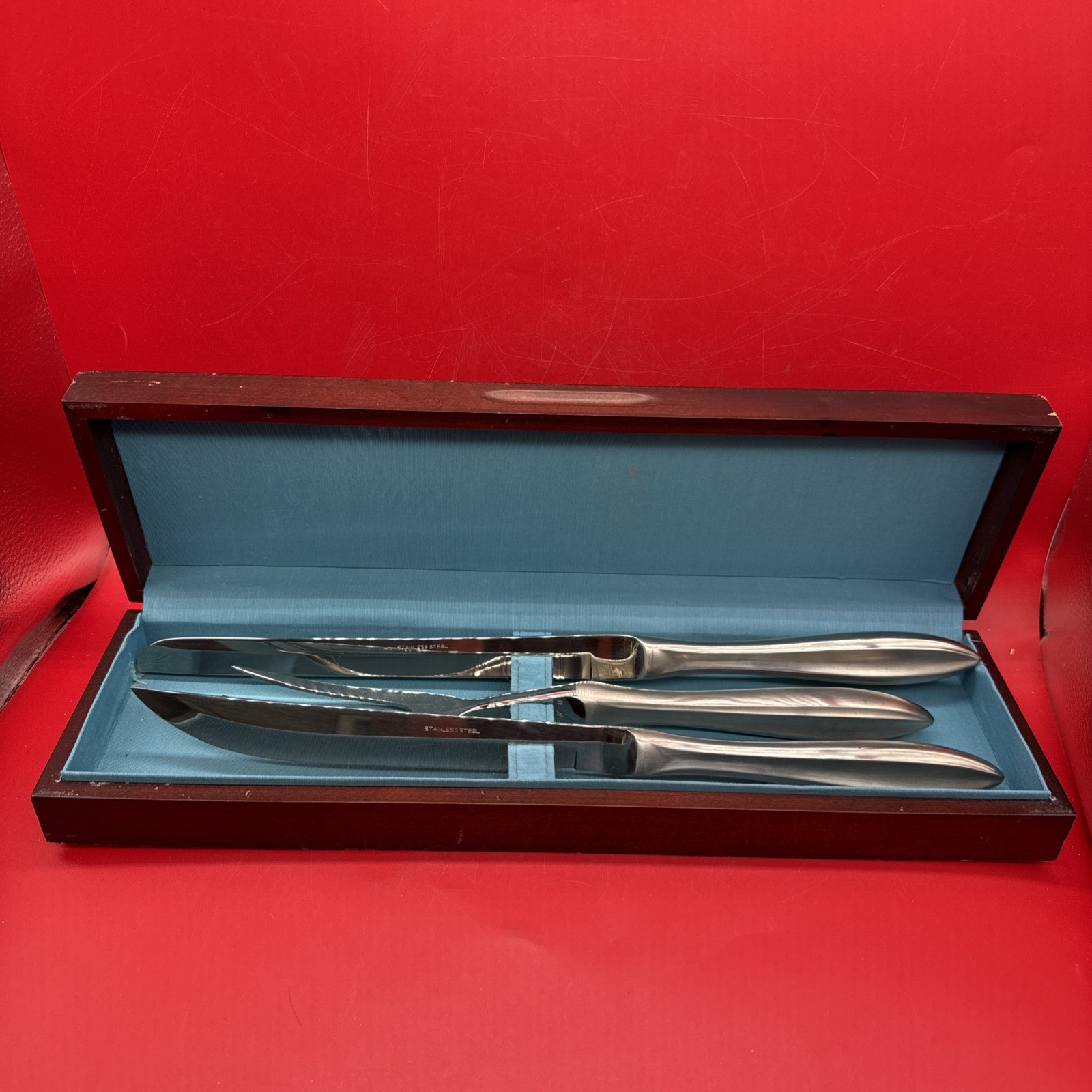 Vintage Carving Knife Fork Set 3 Piece Stainless MCM  Japan Wooden Case