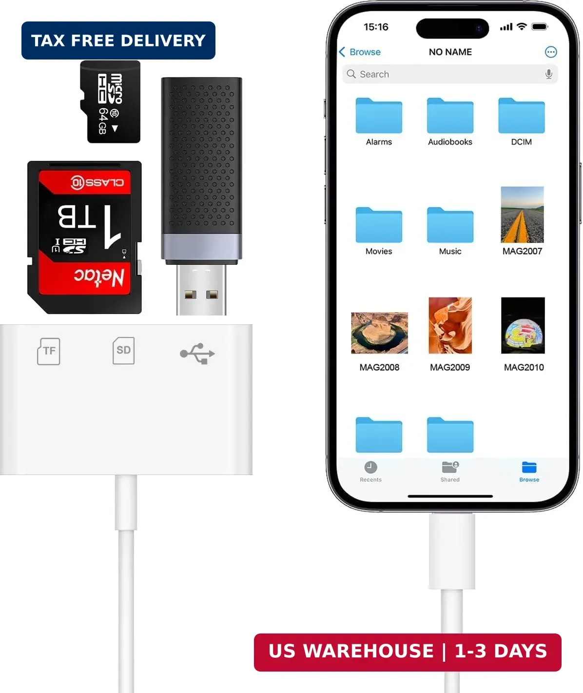 SD Card Reader for iPhone, 3-in-1 Lightning to SD Card Reader Micro SD Digital C