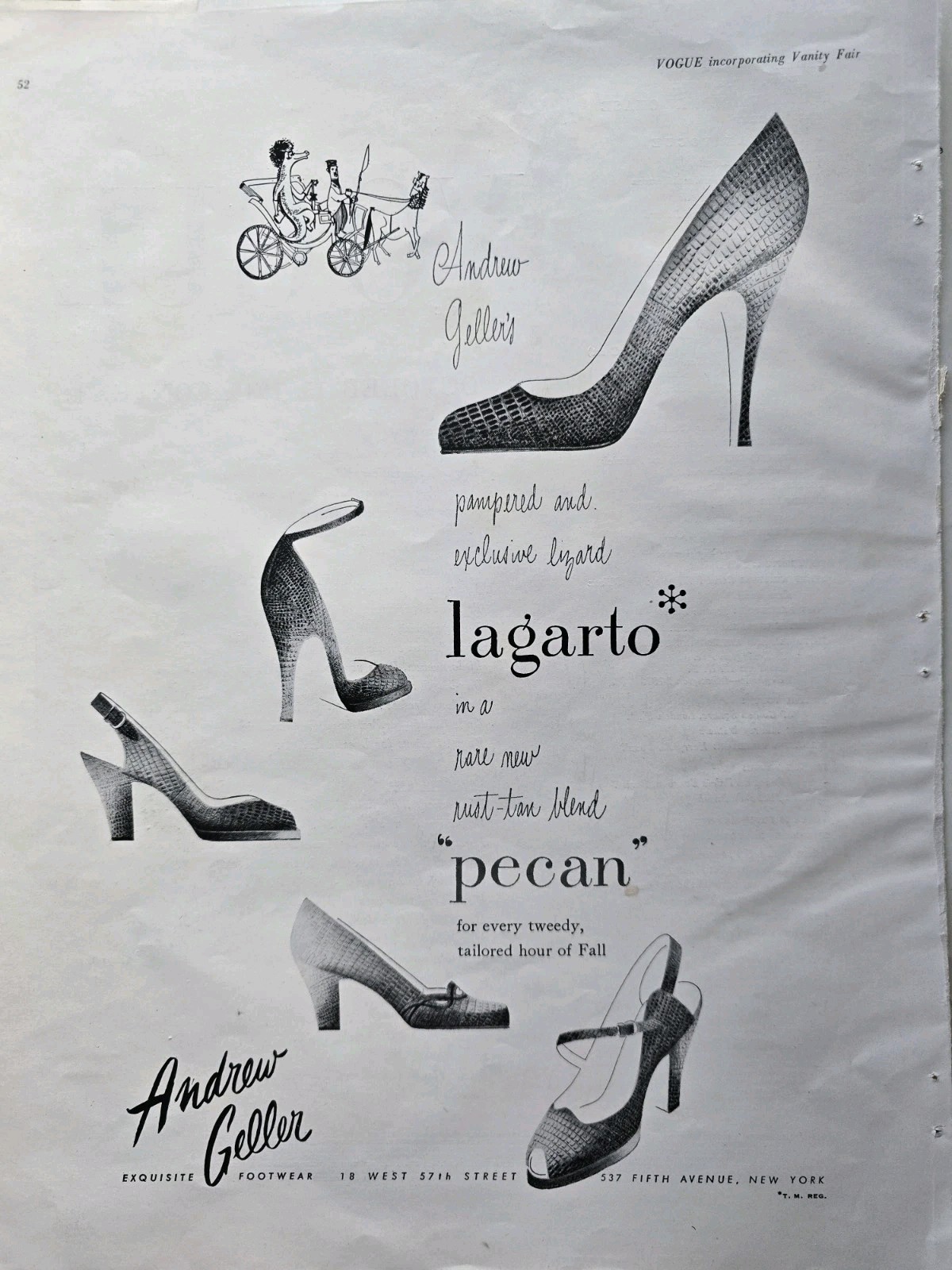 1949 Women's Andrew Geller Lizard Lagarto Pecan Shoes  vintage fashion Art Ad